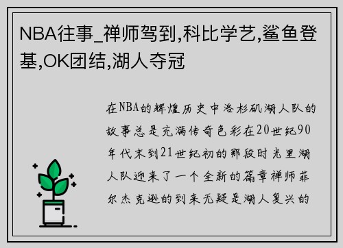 NBA往事_禅师驾到,科比学艺,鲨鱼登基,OK团结,湖人夺冠